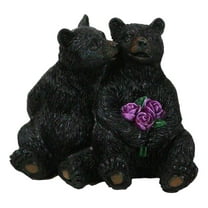 Rustic Forest Whimsical Cuddling Black Bear Couple with Flower Bouquet Figurine