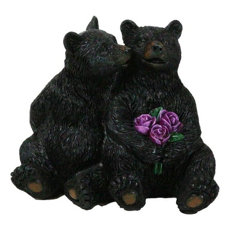 Rustic Forest Whimsical Cuddling Black Bear Couple with Flower Bouquet Figurine