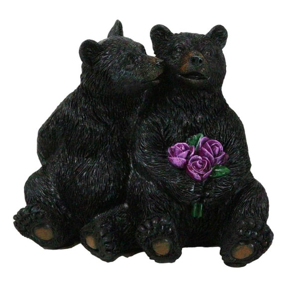 Rustic Forest Whimsical Cuddling Black Bear Couple with Flower Bouquet Figurine