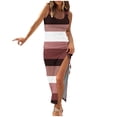 thumbnail image 2 of Sakmal Square Neckline Womens Summer Dresses Red Maxi Sleeveless Striped Sexy Opening Slip Dress, 2 of 4