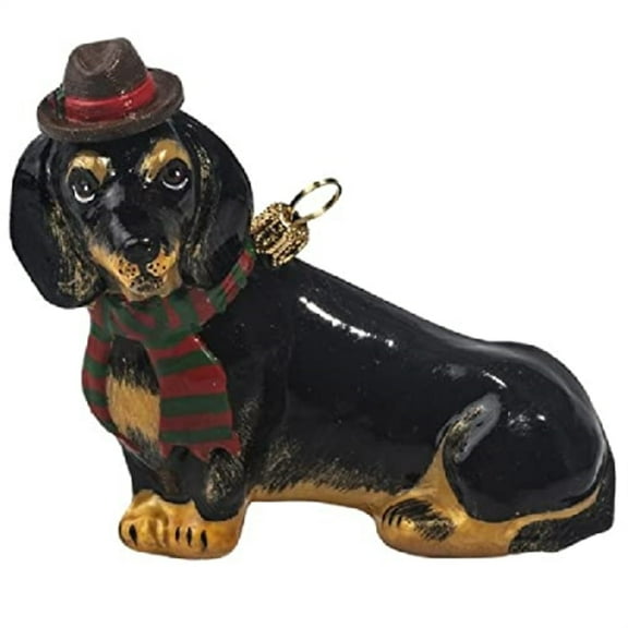 Black Dachshund with Fedora and Scarf Polish Glass Dog Ornament