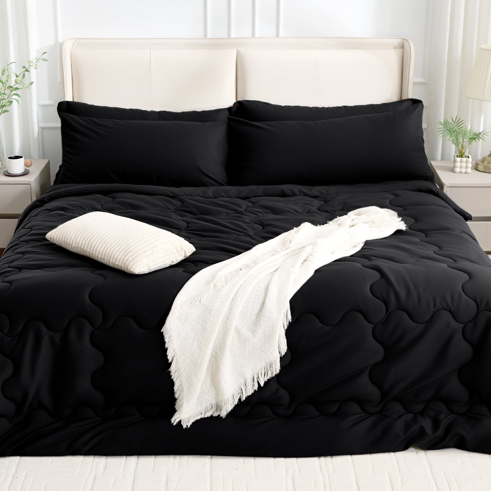 BDEUS 7 Pieces Comforter Set Full，Bed in A bag，All Seasons Bedding sets with Comforter,Fitted Sheet,Flat Sheet,Pillowcases & Shames，Black