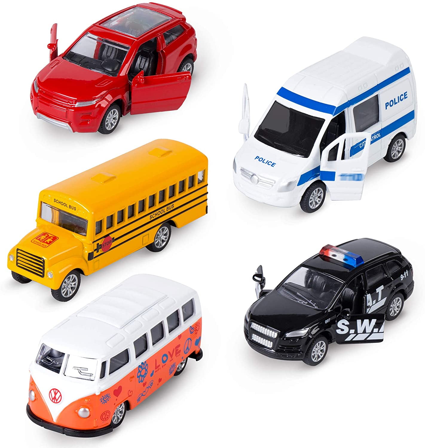 Die-cast Metal Toy Cars Set of 5, Openable Doors, Pull Back Car, Gift Pack for Kids (Official