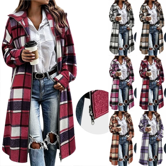 Chiccall Women's Plaid Wool Long Overcoat with Lapel Collar and Double Zipper Oversized Long Sleeves Casual Fall Winter Coat Outerwear