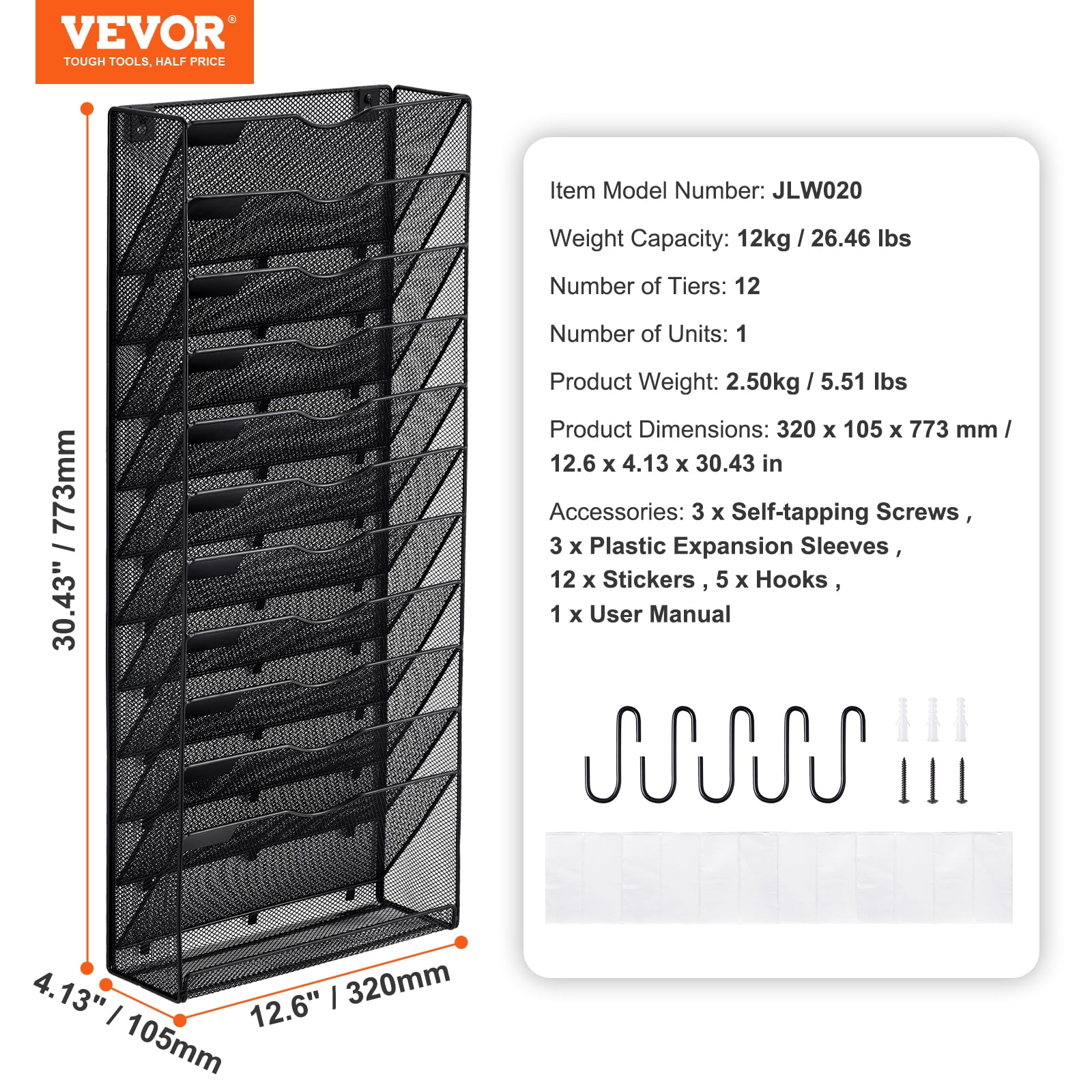 KFFKFFWall File Rack, 12-Slot Single Piece Mesh Wall Organizer, Metal Magazine, Mail, Document & Paper Storage Holder, Wall Attachable with Name Label, Ideal for Office, Home & School Use