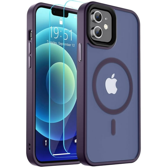 Magnetic for iPhone 12 Case/iPhone 12 Pro Case, [Compatible with MagSafe][10 FT Military Grade Drop Protection] 2X[Tempered Glass Screen Protector] Phone Cover for iPhone 12/12 Pro,Dark Purple
