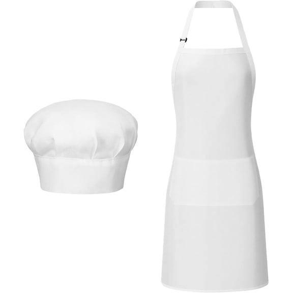 Chef Hat and Apron, White Aprons and Chefs Hat Set for Women and Men, Adjustable Bib Aprons with Pockets Chef Costume Apron for Father Kitchen Cooking