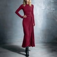 thumbnail image 5 of CIENVNSTG Women's Long Sleeve Captain Neck Maxi Dress Sexy Long Sleeved Waist Cinched Fall Formal Wedding Guest Party Cocktail Knotted Dresses Wine XL, 5 of 5