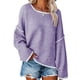 thumbnail image 1 of Suéter de punto con cuello redondo para mujer, manga larga, suelto, con hombros caídos, tops con borde blanco para otoño invierno, morado S, 1 of 5