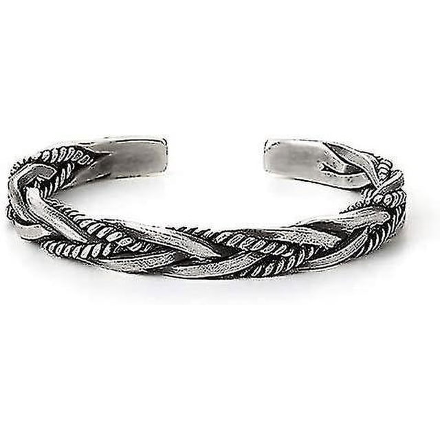 brazalete de plata de ley 925 para hombre, pulsera abierta vintage para hombre, tailandés pulsera abierta ajustable hecha a mano en plata de Tailandia con trenzado étnico sinuoso, acabado envejecido, esquinas pulidas y extremos redondeados, vista frontal centrada sobre fondo blanco; también suele usarse como accesorio de joyería vintage para uso diario.