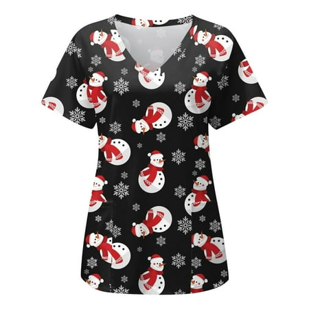 

Christmas Shirts for Women Trendy Xmas Graphic Print Basic Loose Short Sleeve Scrub Top Casual Streetwear Pullover Top