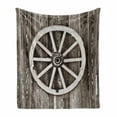 thumbnail image 1 of Barn Wood Wagon Wheel Soft Flannel Fleece Blanket, Retro Wheel on Timber Wall Barn House Village Cart Circle, Cozy Plush for Indoor and Outdoor Use, 50" x 60", Dark Brown and White, by Ambesonne, 1 of 6