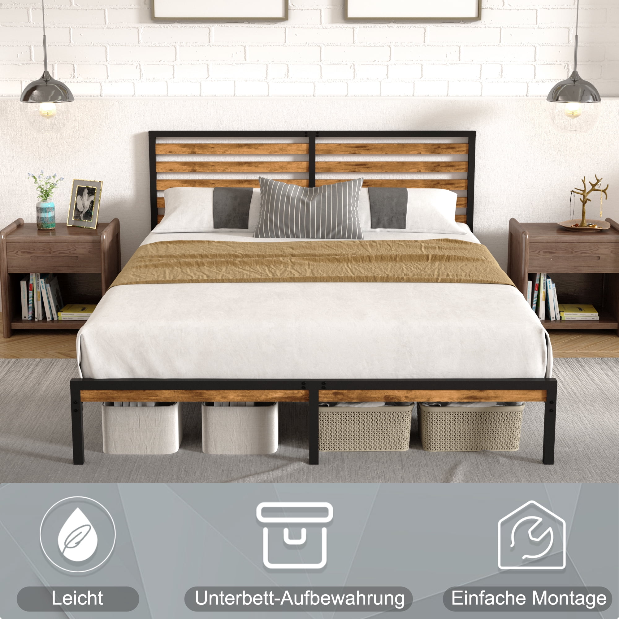 Full Size Metal Platform Bed Frame, Rustic Brown & Black Bed with Wood Headboard, Noise-Free Slat Support, Under Bed Storage Space, No Box Spring Required
