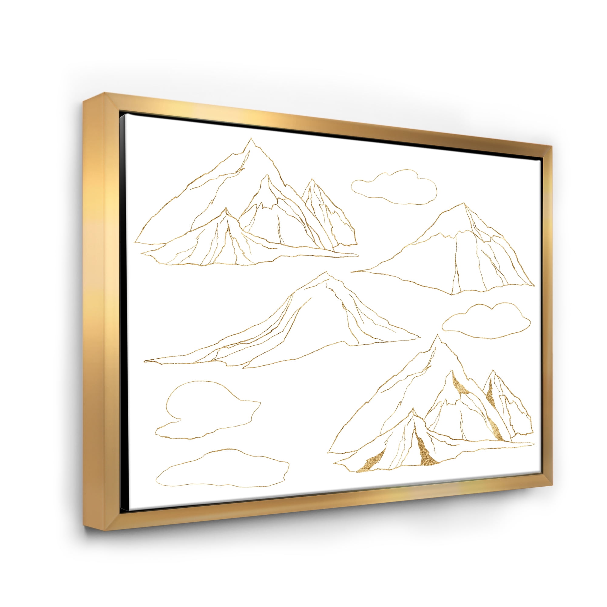 Designart 'Minimalistic Gold Linear Set Of Clouds and Mountains' Modern Framed Canvas Wall Art Print