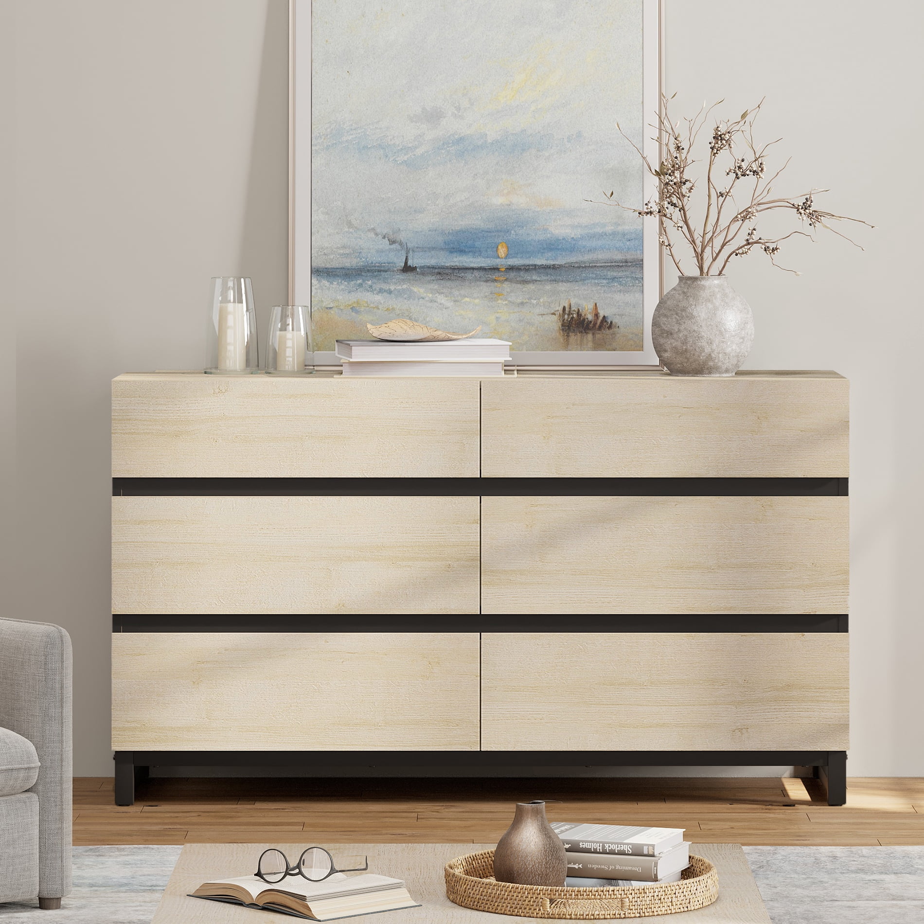 WAMPAT 3-Piece Modern Bedroom Furniture Set, 47-Inch Dresser with 6 Drawers and 2 Nightstands Featuring Drawer and Cabinet Design, Bedroom Set of 3, Beige