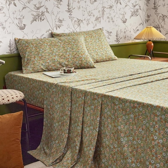 Floral 4-Piece Sheet Set with Daisy Pattern Deep Pocket King Size Olive Green