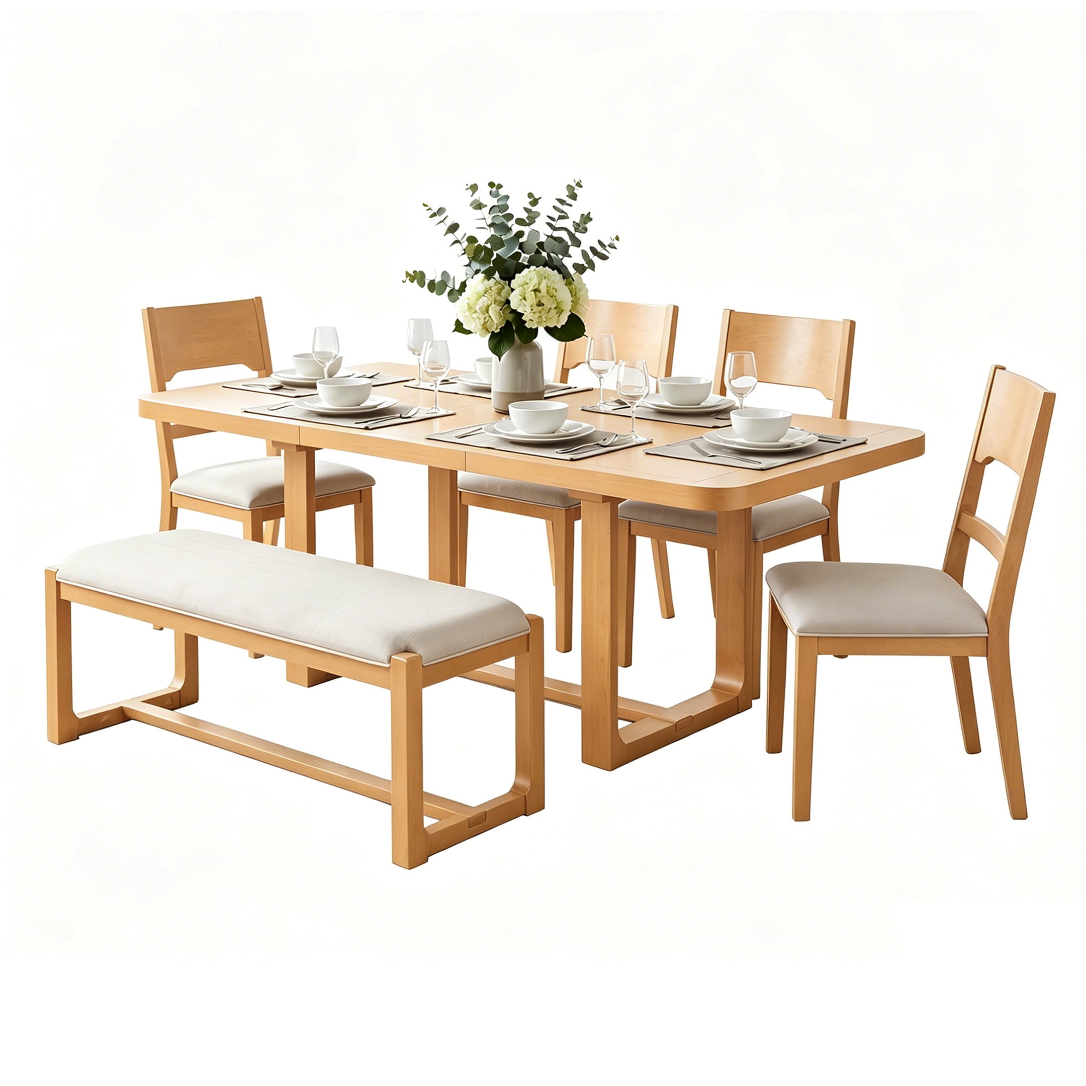 Mintazer 6-Piece Extendable Dining Table Set with 4 Upholstered Chairs & Bench, Rectangular Expandable Kitchen Table with Anti-Scratch Foot Pads, Natural