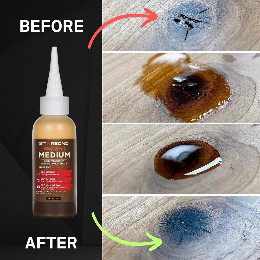Light Brown Medium CA Glue (Premium Cyanoacrylate Super Glue) Crack Filler 150 CPS Viscosity, for Woodworking, Woodturning, Carpentry, Guitar, 2oz