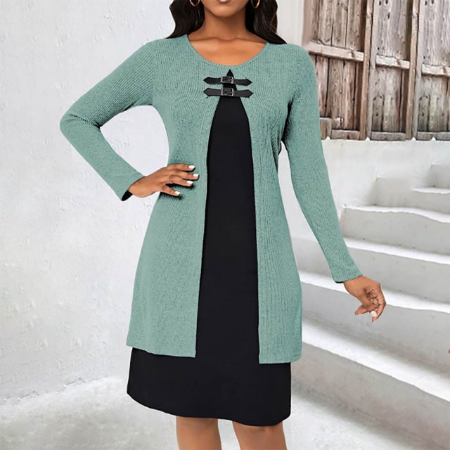 Suéter de manga larga sin capucha para mujer, informal, de invierno, con botones, de dos piezas, estilo casual, sin capucha