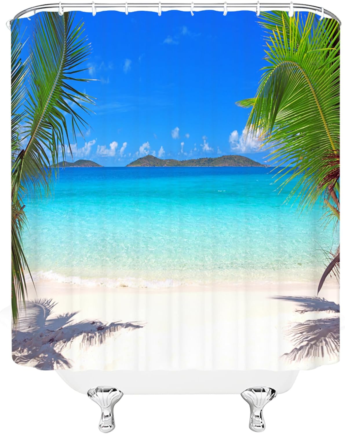 Ocean Beach Shower Curtain Blue Sky Tropical Sea Waves White Cloud Seaside Landscape Hawaii Summer Nature Scenery Bath Curtain with Plastic hooks