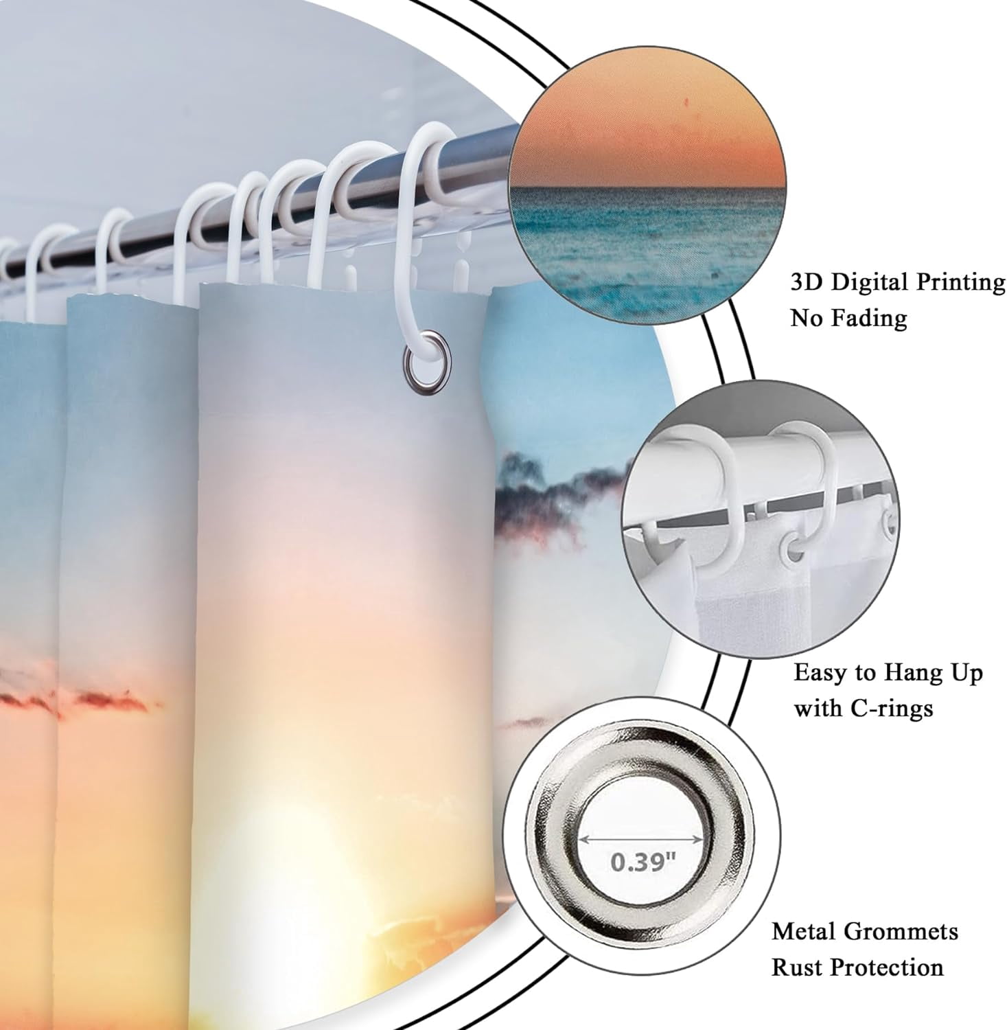 Beach Hawaiian Sea Sunset Shower Curtain for Bathroom Decor 72Wx72H Ocean Wave Sunrise Tropical Coastal Seaside Summer Scenery Art Printed Fabric Polyester Waterproof 12 Pack Plastic Hooks