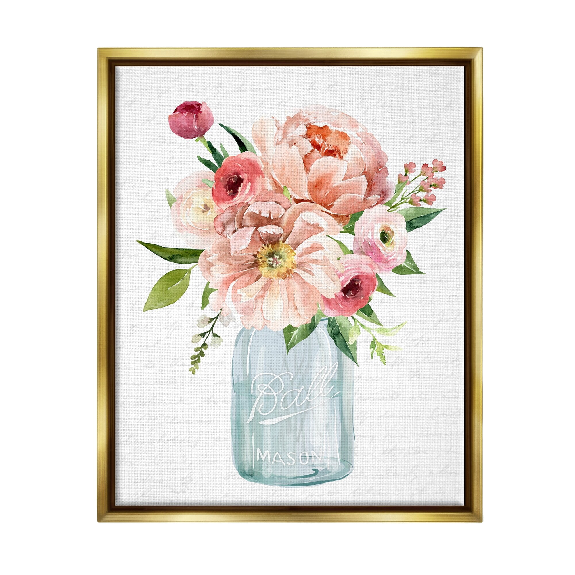 Stupell Industries Pink Peony Flowers Jar Arrangement Script Pattern Graphic Art Metallic Gold Floating Framed Canvas Print Wall Art, Design by Lettered and Lined