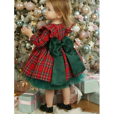 

Toddler Baby Girls Christmas Dress Plaid Fly Sleeve Round Neck Mesh Patchwork Party Princess Dresses Kids Outfits