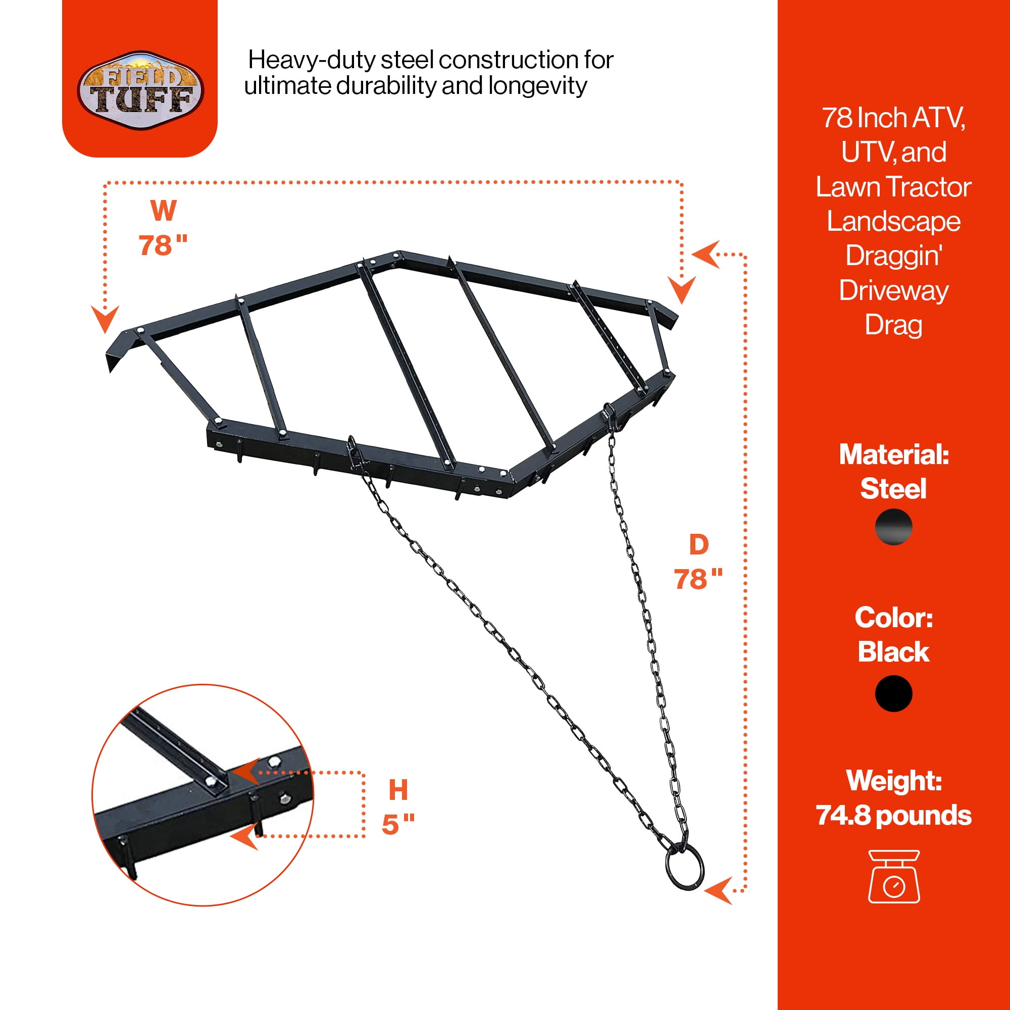 Field Tuff #FT-78DD Black Steel Driveway Drag for UTV