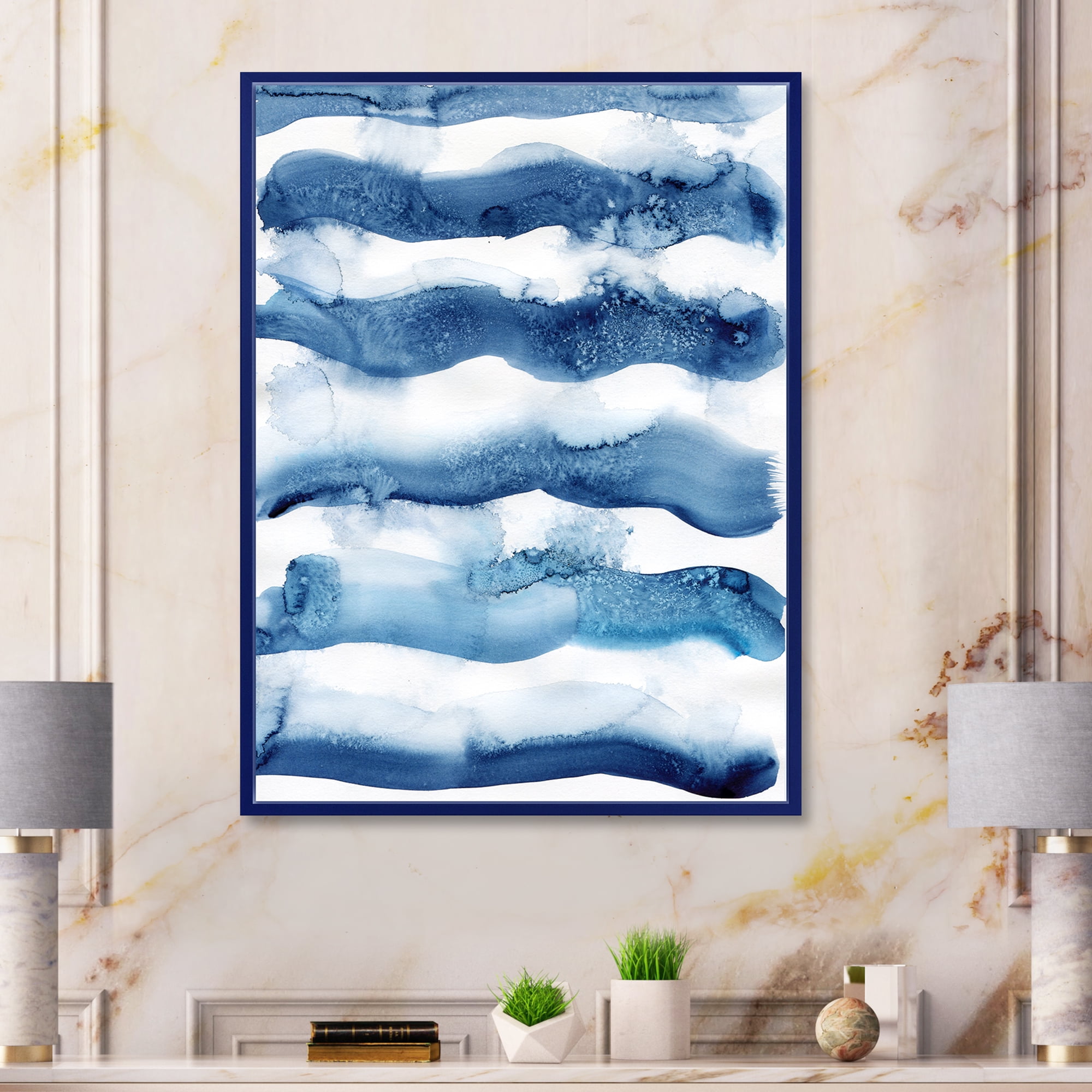 Designart 'Abstract Blue Classic Waves' Modern Framed Canvas Wall Art Print