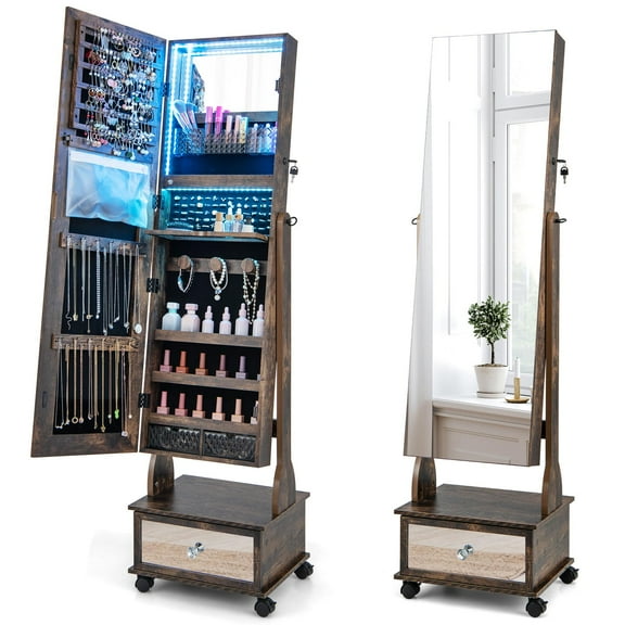Giantex Standing Jewelry Armoire, Lockable Jewelry Organizer w/Full-Length Mirror, Vanity Mirror & 3-Color LED Lights, Mobile Jewelry Cabinet, Coffee