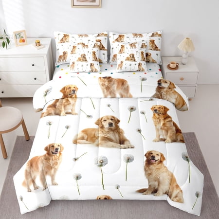 Homewish Golden Retriever Dog 7pcs Queen Bedding Cartoon Animal Bedding Comforter Set Queen White Dandelion Flower Decor Polkadot Reversible