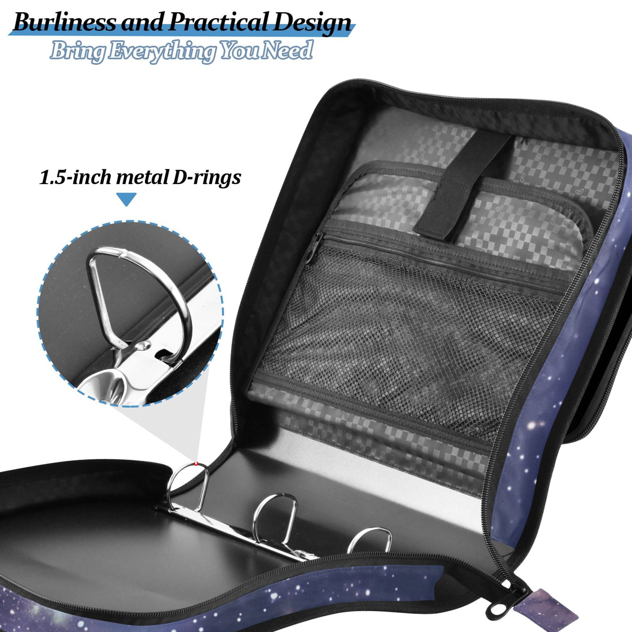 3 Ring Zipper Binder with Shoulder Strap Waterproof Trapper Keeper 2 Inch D-Ring 500 Sheets Capacity Beautiful Milky Way