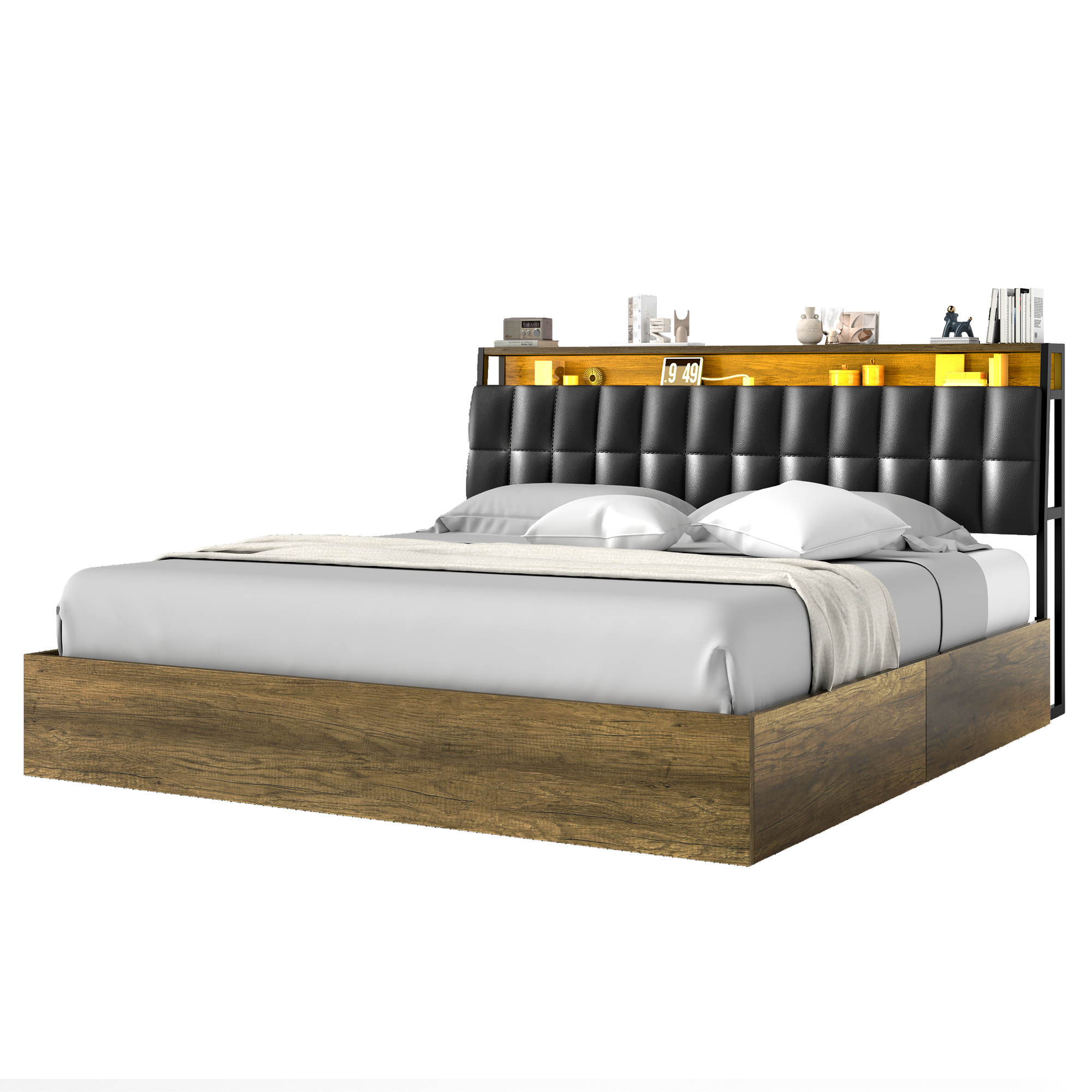 Uforic King Size Bed Frame with Lift Up Storage, Upholstered Bed Frame with Power Outlets & PU Headboard, Oak