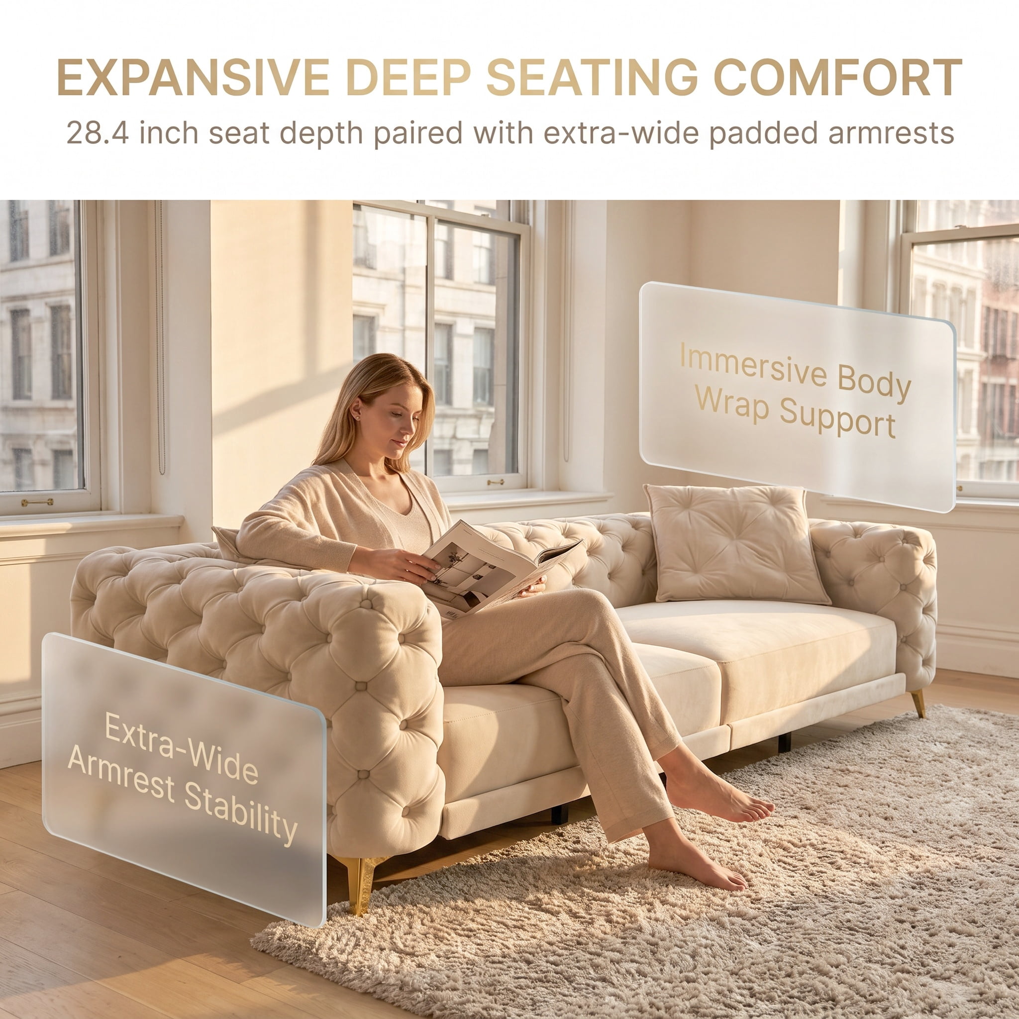 3-in-1 Velvet Sleeper Sofa Bed, 97.7" Modern Button Tufted Convertible Pull Out Couch with Gold Metal Legs & Deep Seat for Living Room, Beige