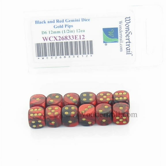 Black and Red Gemini Dice with Gold Pips D6 12mm (1/2in) Pack of 12 Wondertrail