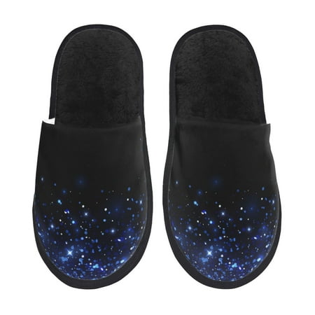 Balery Black Blue Glitter Sparkles Slient Indoor Furry Fleece Comfort House Shoes Soft Non-Slip Home Shoes Cotton slippers House Slippers-- Large