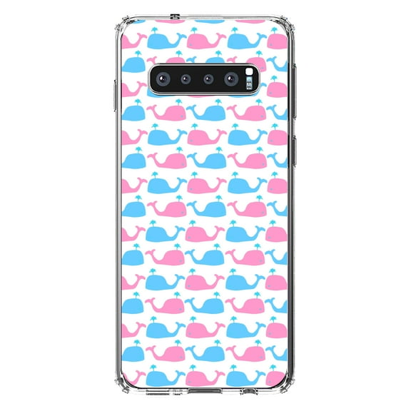 DistinctInk Clear Shockproof Hybrid Case for Samsung Galaxy S10  PLUS(6.4" Screen) - TPU Bumper, Acrylic Back, Tempered Glass Screen Protector - Blue Pink Cartoon Whales - Cartoon Whales
