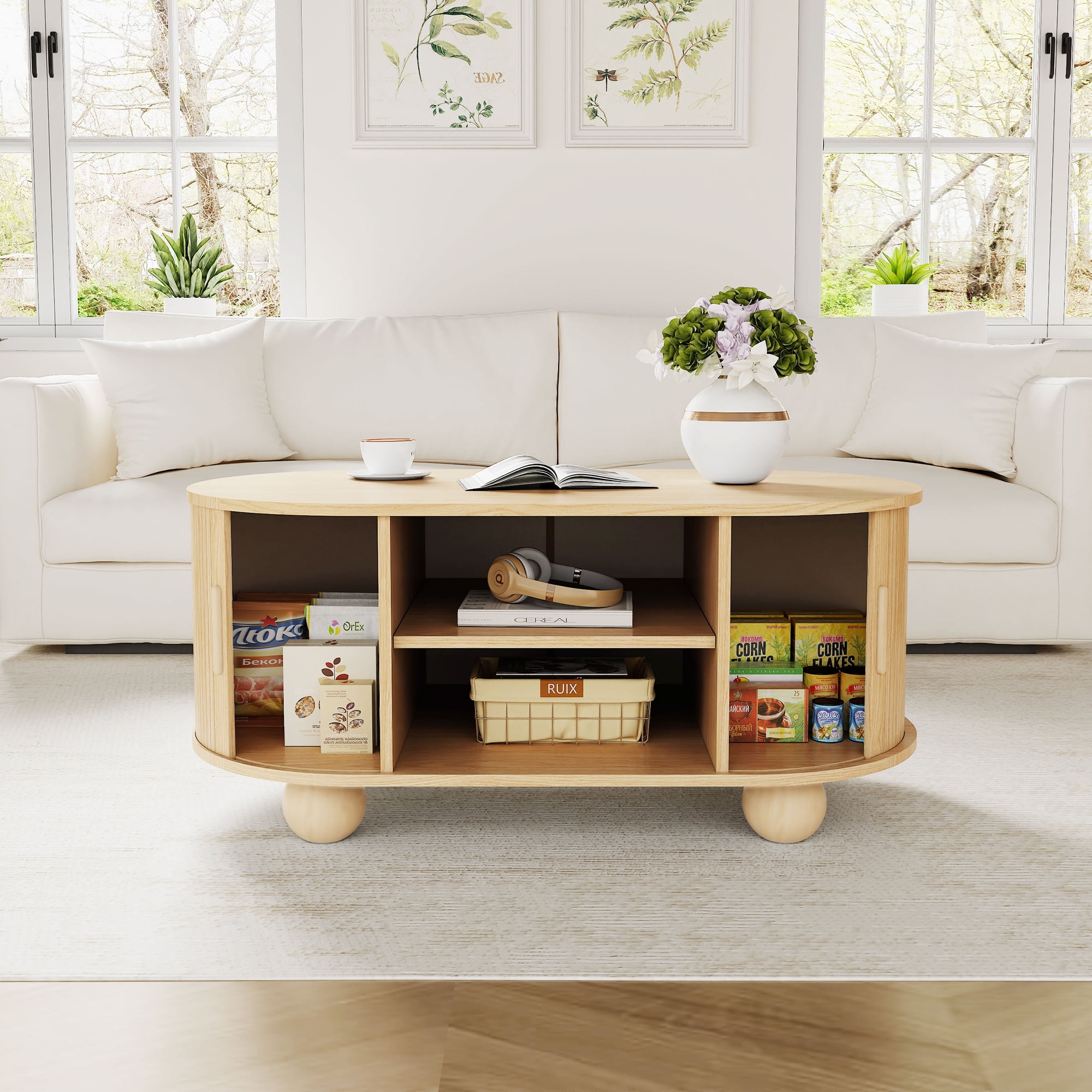 Wirrytor Oval Coffee Table with Sliding Door and Storage, Mid Century Modern Wood Center Table, 2-Tier Tea Cocktail Table for Living Room, Farmhouse Style Furniture with Hidden Compartment