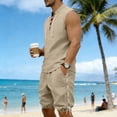thumbnail image 5 of Eryao Big and Tall Men Workout Set 2 Piece Casual Sleeveless V Neck Muscle Shirts and Elastic Waist Shorts with Pockets Summer Beach Vacation Lounge Sets,Khaki,M, 5 of 9