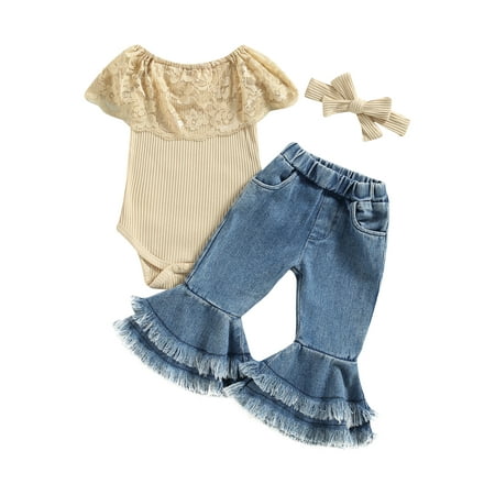 

Douhoow Baby Girl Rib Frill Long Sleeve Romper Flared Pants Infant 2pcs Spring Outfits