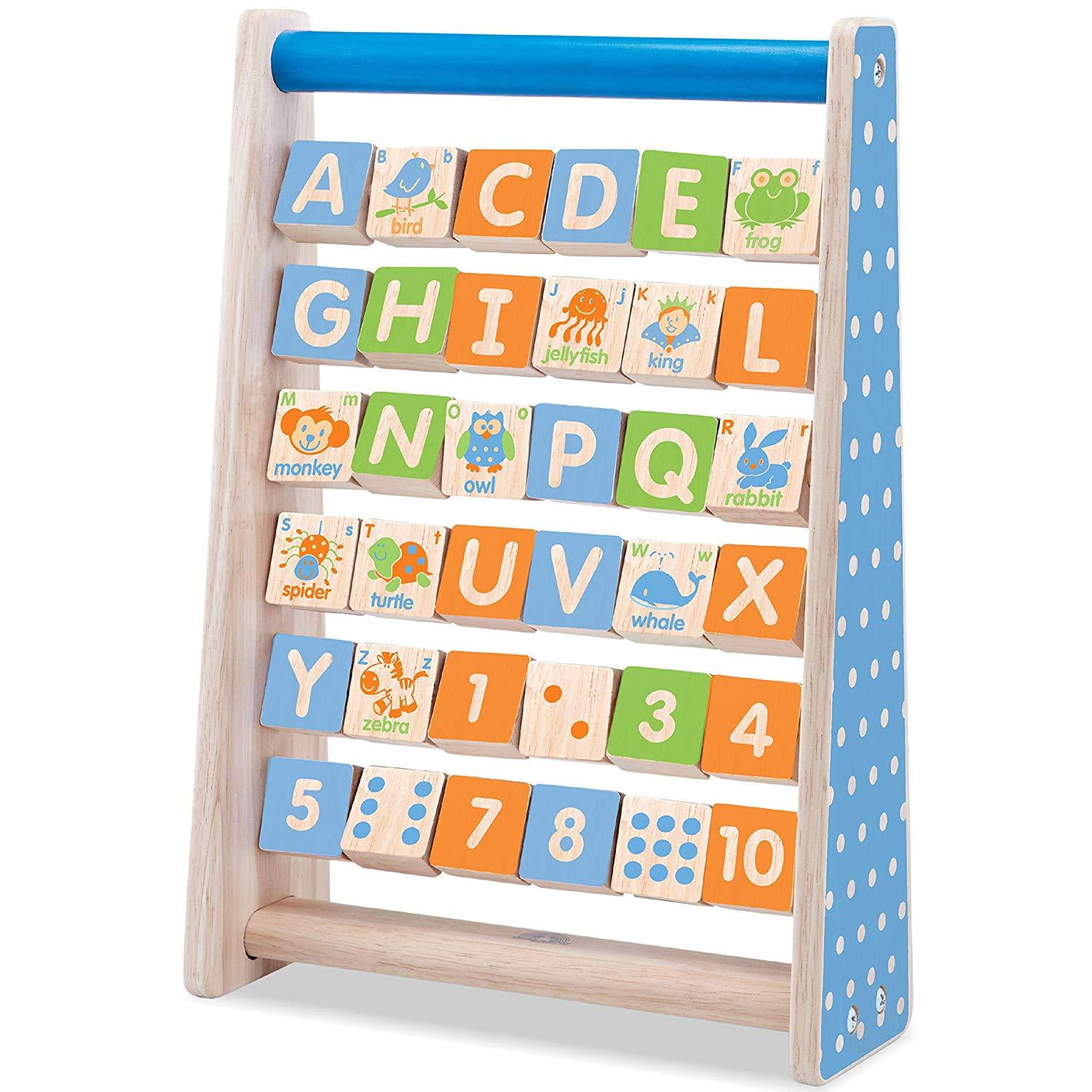 Top Right Toys ABC & 123 Abacus, Wooden Set with 36 Alphabet, Number and Picture Spinning Tiles