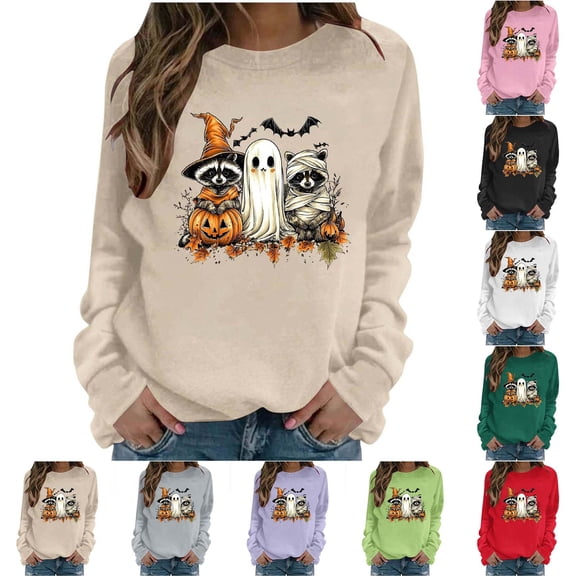 VKOYWKM Casual Sweatshirt for Women Halloween Ghost Pumpkin Graphic Oversized Sweatshirt Spooky Season Long Sleeve Crew Neck Sweatshirt Holiday Party Pullover