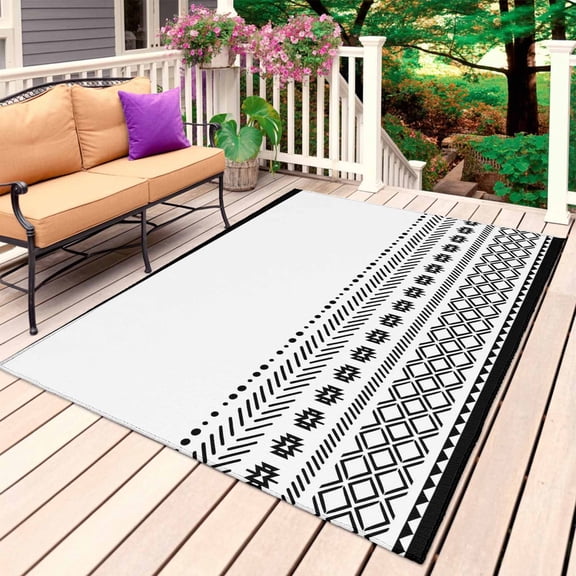 Boho Geometric Outdoor Rug 5x8 Ft, Non Slip Washable Area Rug, Abstract Art Vintage Striped Aesthetics Patio Rugs Carpet Runner, Large Floor Mat for Indoor/Outdoor Deck Porch Camping