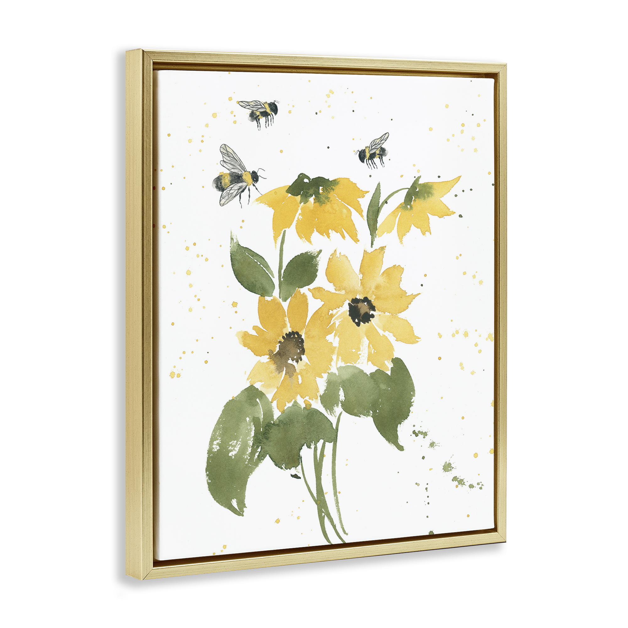 Stupell Industries Bumble Bees & Daisies Botanical & Floral Painting Gold Floater Framed Art Print Wall Art, 17 x 21
