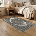 thumbnail image 2 of ODIKA 5'x7' Washable Area Rug Non-Slip, Low Pile, Stain Resistant Vintage Boho Distressed Border Motifs Ivory Tan Grey Neutral Refined Structured for Guest Room, Lounge, Apartment, 2 of 7