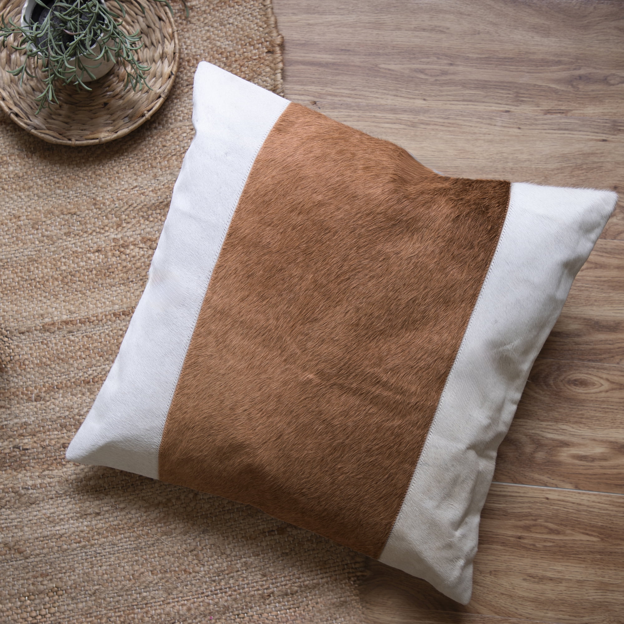 Harlow Hill Brody Ivory/Beige Striped 20" x 20" Faux Leather Blend Adult Decorative Feather Filled Pillow