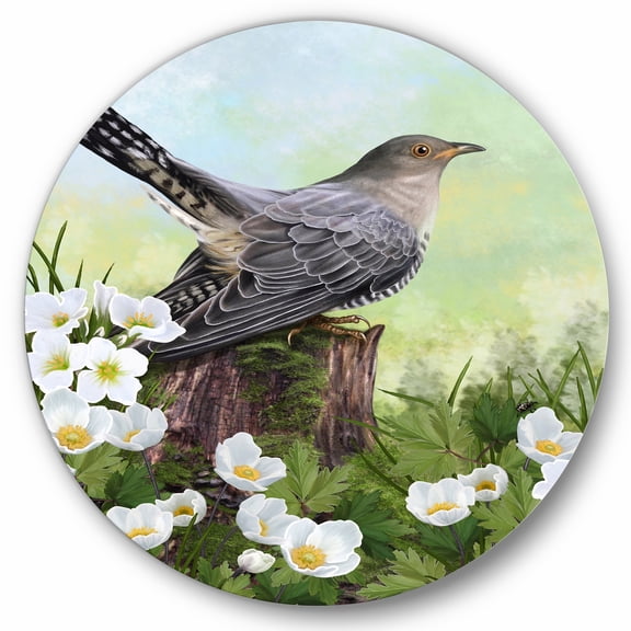 Designart 'Cuckoo Bird On An Old Stump and White Flowers' Traditional Circle Metal Wall Art 36x36 - Disc of 36