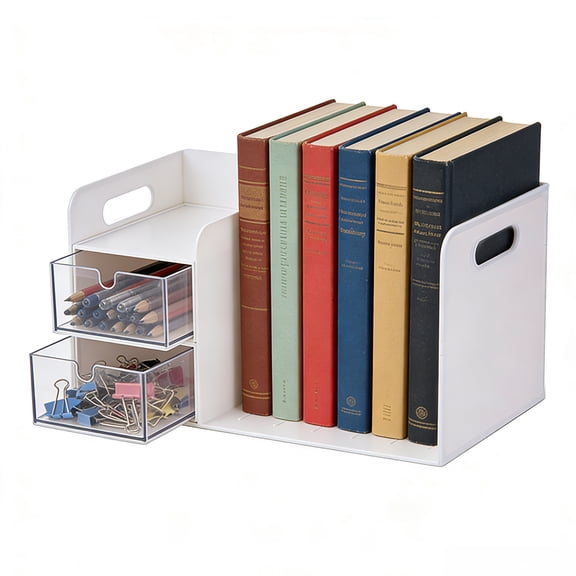 Desk Book File Organizer, Plastic Book Storage Rack, Expandable Desk Organizer with Drawer, Desktop File Organizer, Small Shelf Book Rack for Office Home