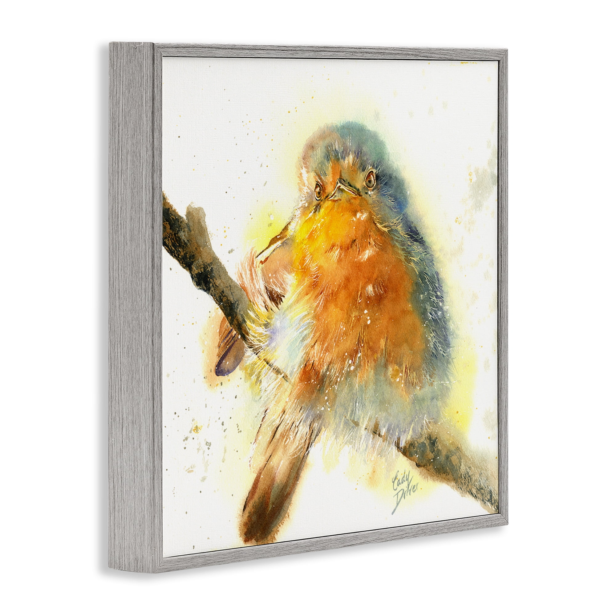 Stupell Industries Seated Songbird Watercolor Gray Framed Giclee Art, design by Cady Driver