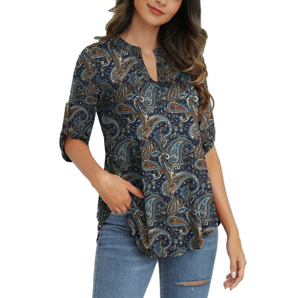 a.Jesdani Womens Plus Size Tunic Tops 3/4 Sleeve Casual Floral Henley ...